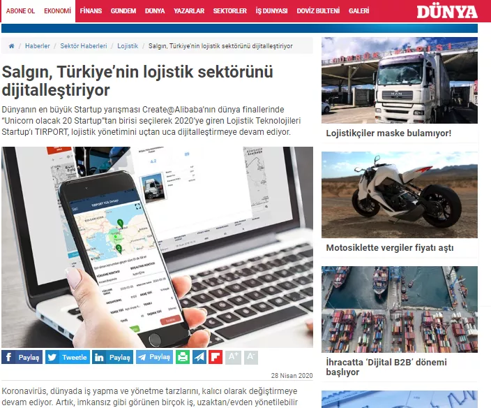 Salgın, Türkiye’nin Lojistik Sektörünü Dijitalleştiriyor